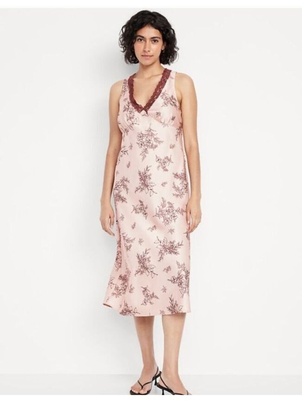 Old Navy Lace-Trim Satin Midi Dress Pink Floral slip lace feminine
